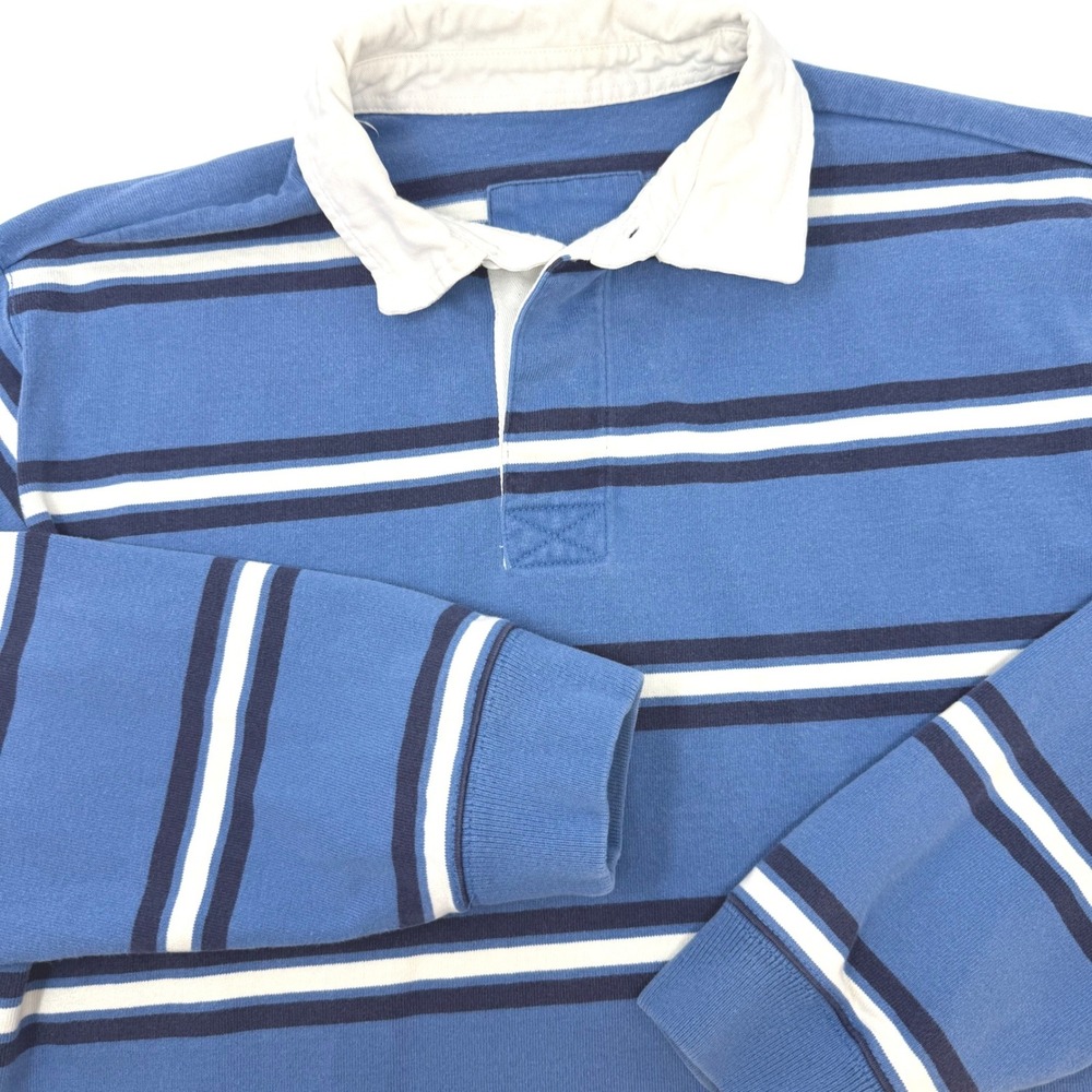 LL Bean Mens Large Blue Striped Cotton Long Sleeve Rugby Shirt Collared